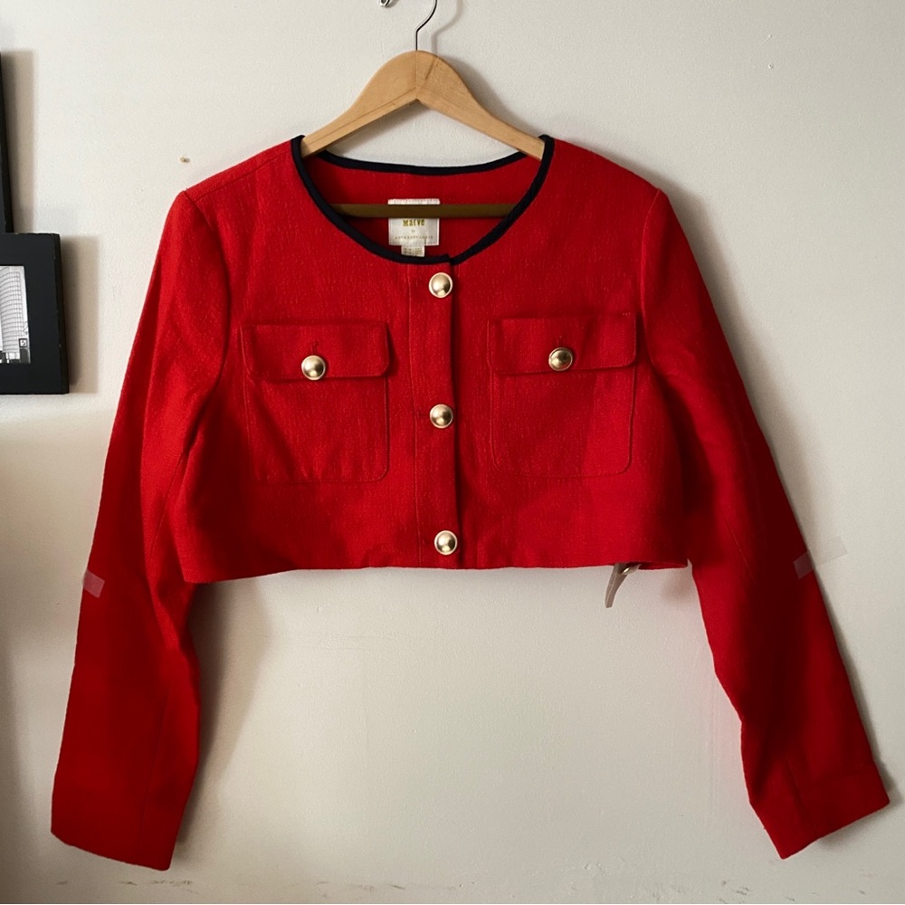 Anthropologie Meave Tweed Red Cropped Button-Front Blazer Women's Jacket NWT